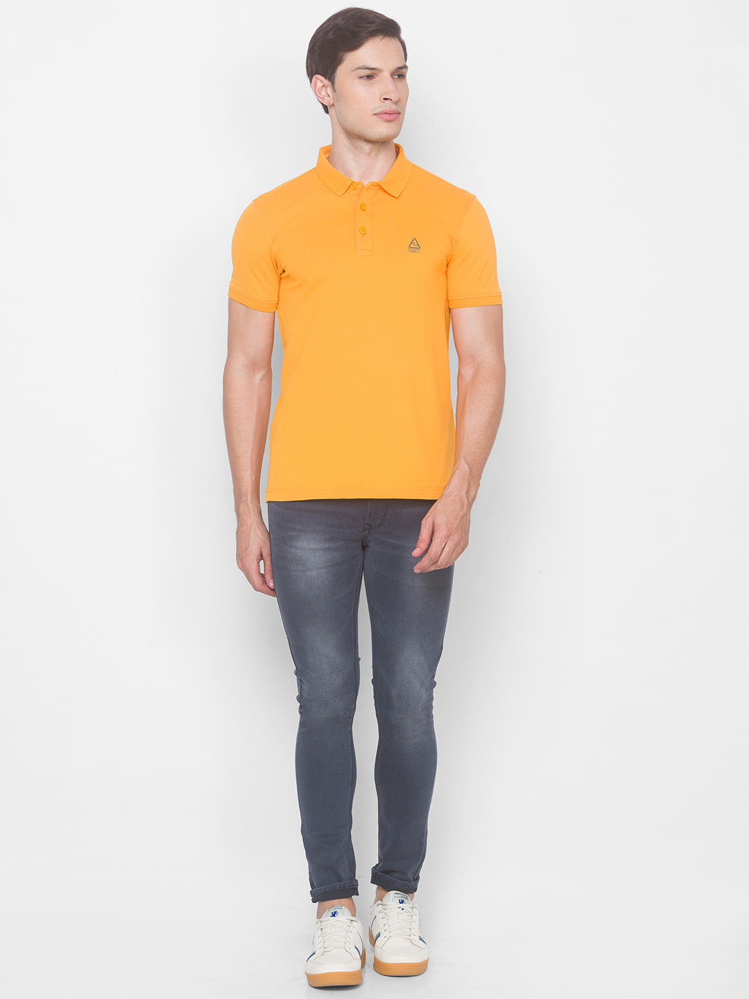 Spykar Men Yellow Cotton Slim Fit Polo T-Shirt