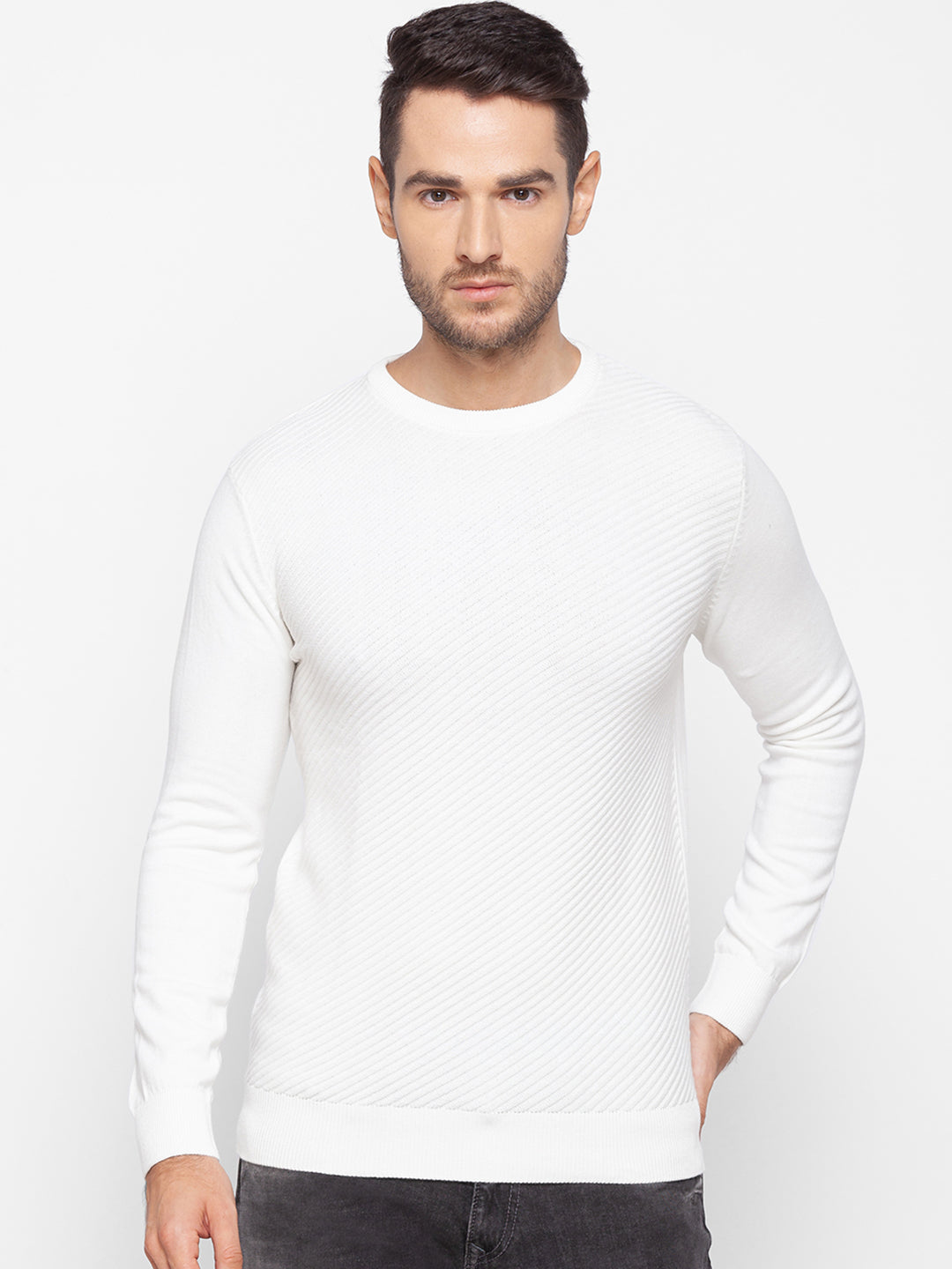 Spykar White Cotton Men Sweater