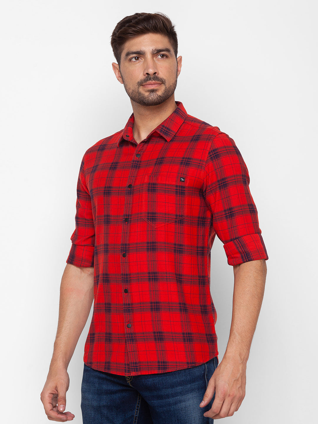 Spykar Red Cotton Full Sleeve Checks Shirt For Men