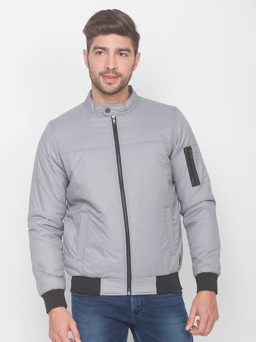 Spykar Grey Polyester Men Front Open Jacket