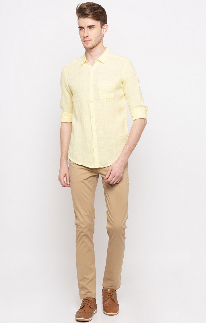 Spykar Men'S Yellow Cotton Solid Casual Shirts