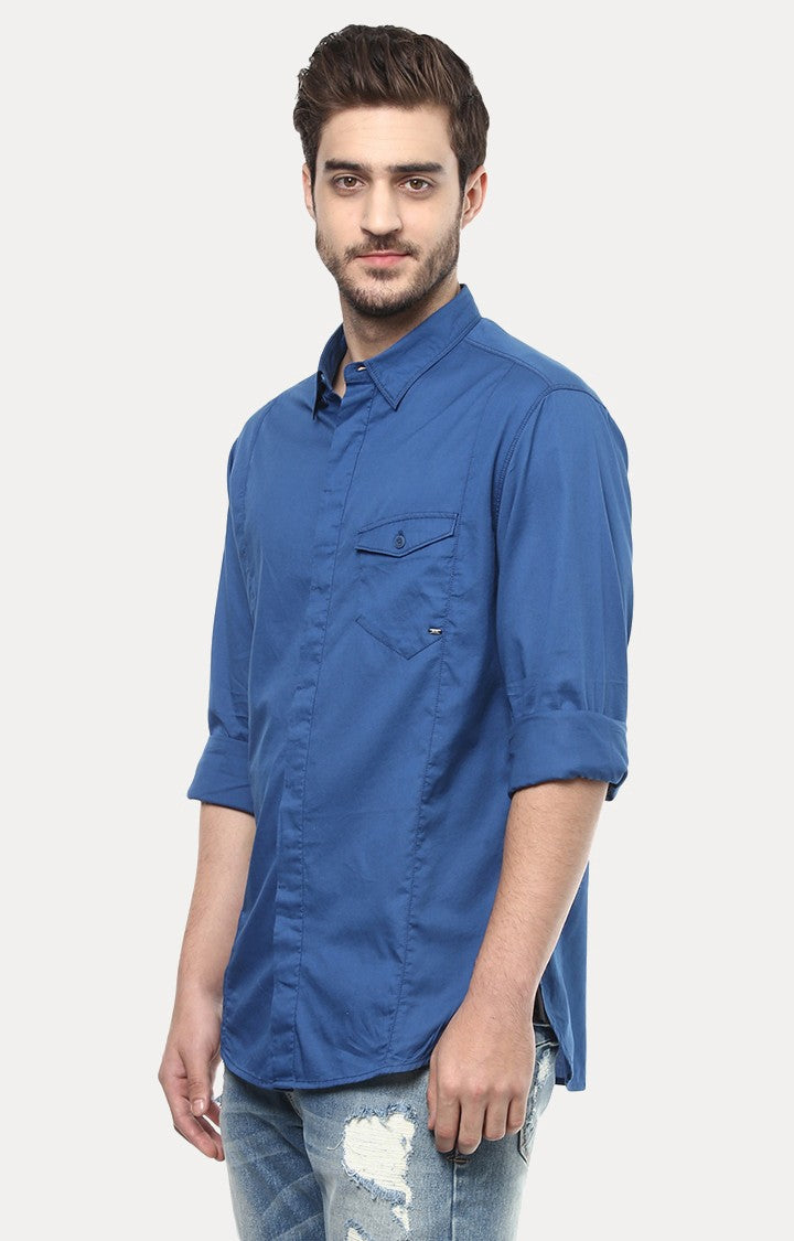 Spykar Men'S Blue Cotton Solid Casual Shirts