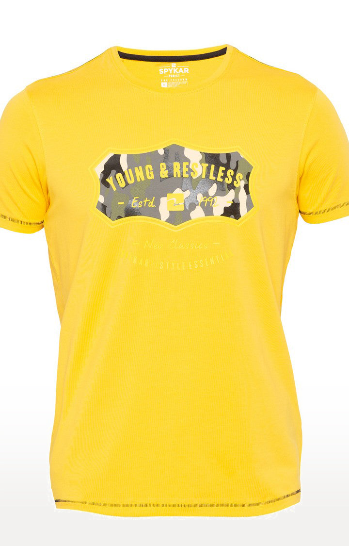 Spykar Yellow Printed Slim Fit Men T-Shirts