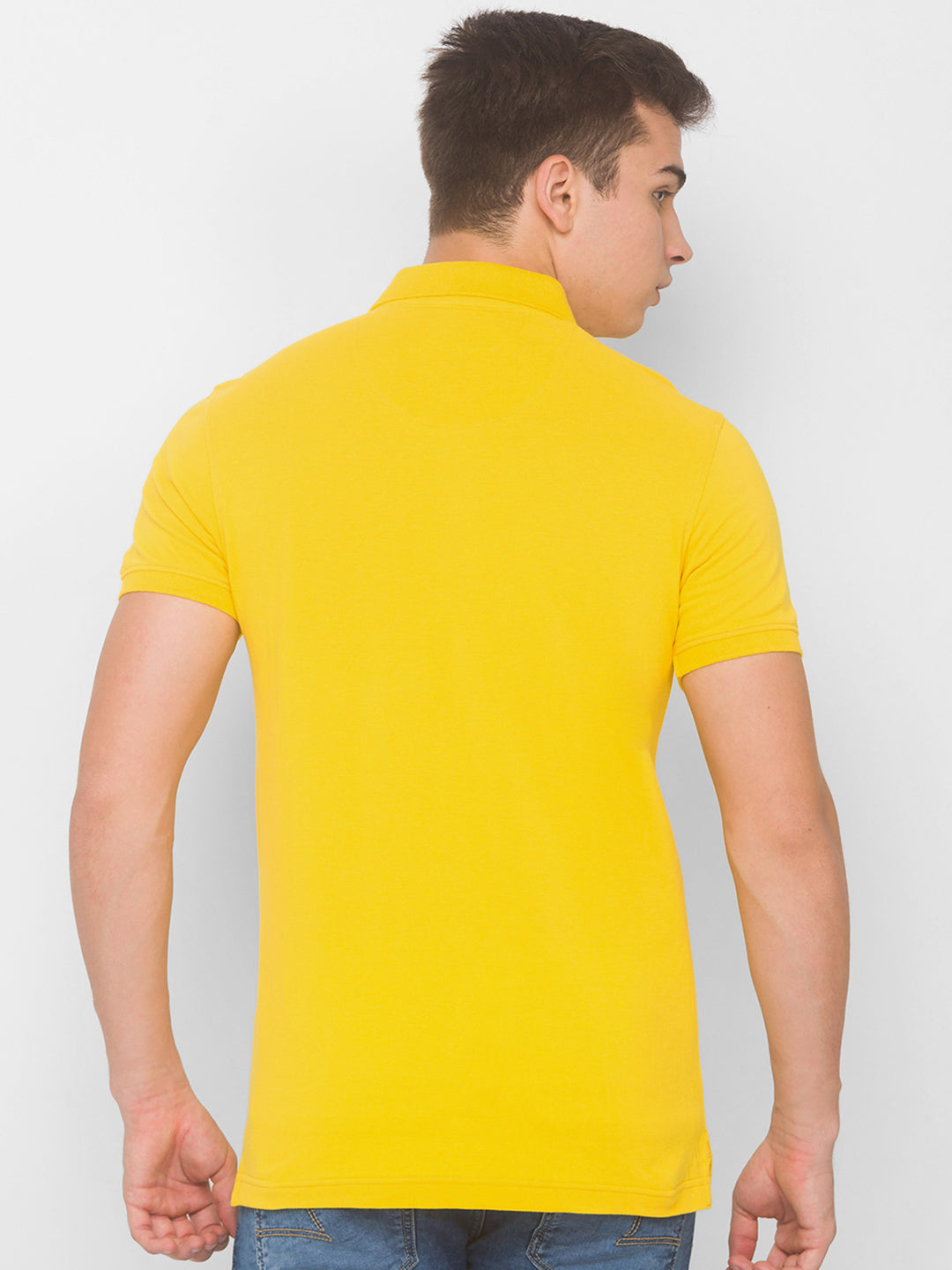 Spykar Men Yellow Cotton Slim Fit Polo T-Shirt