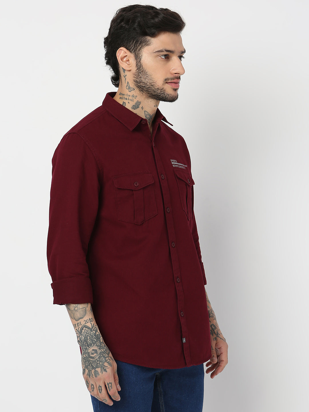 Spykar Men Maroon Cotton Slim Fit Plain Shirts