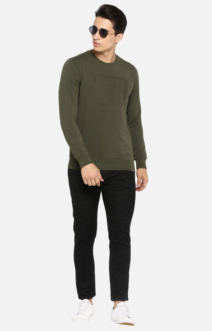 Spykar Olive Solid Slim Fit Sweatshirt