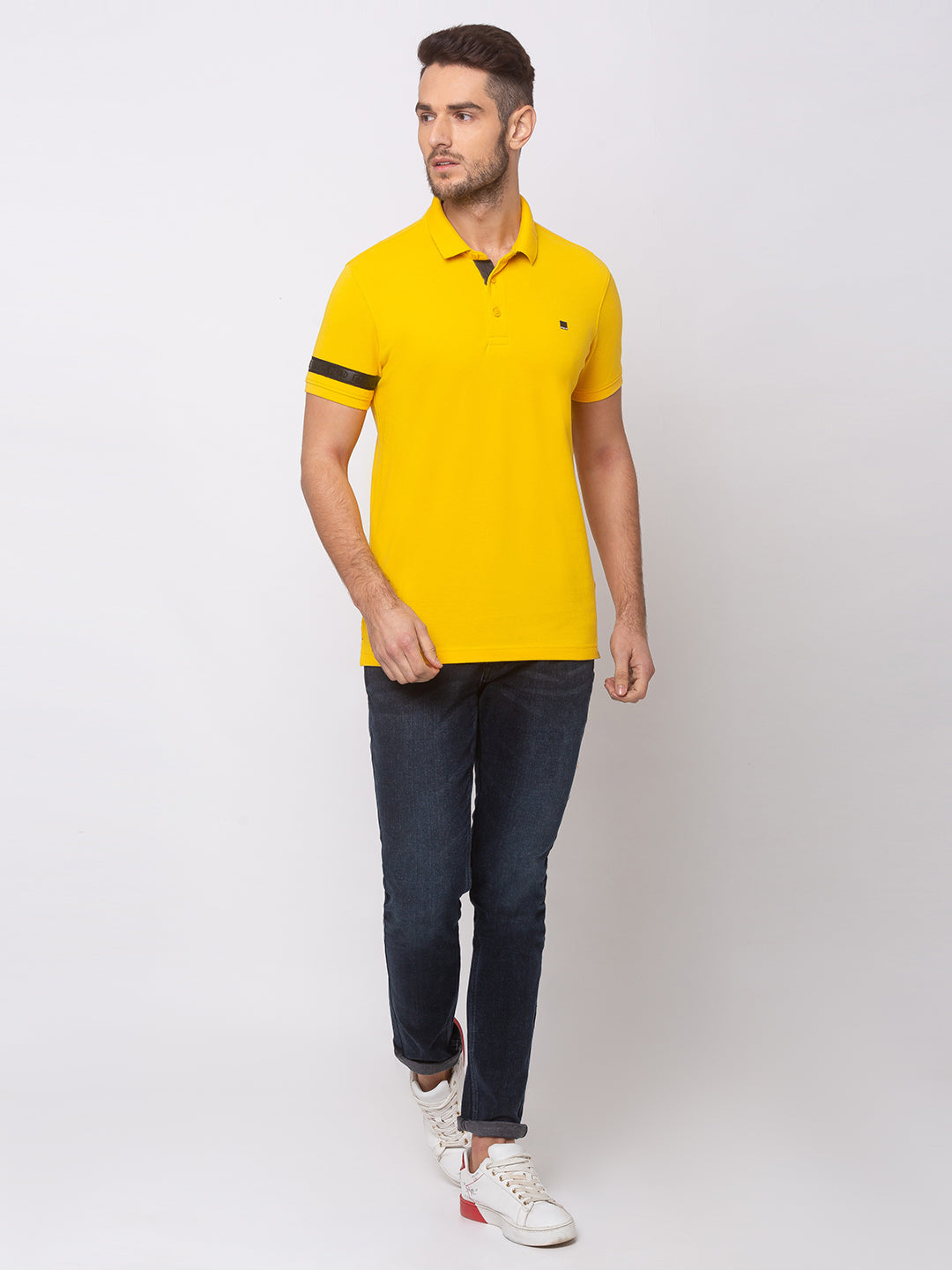 Spykar Men Yellow Cotton Slim Fit Polo T-Shirt