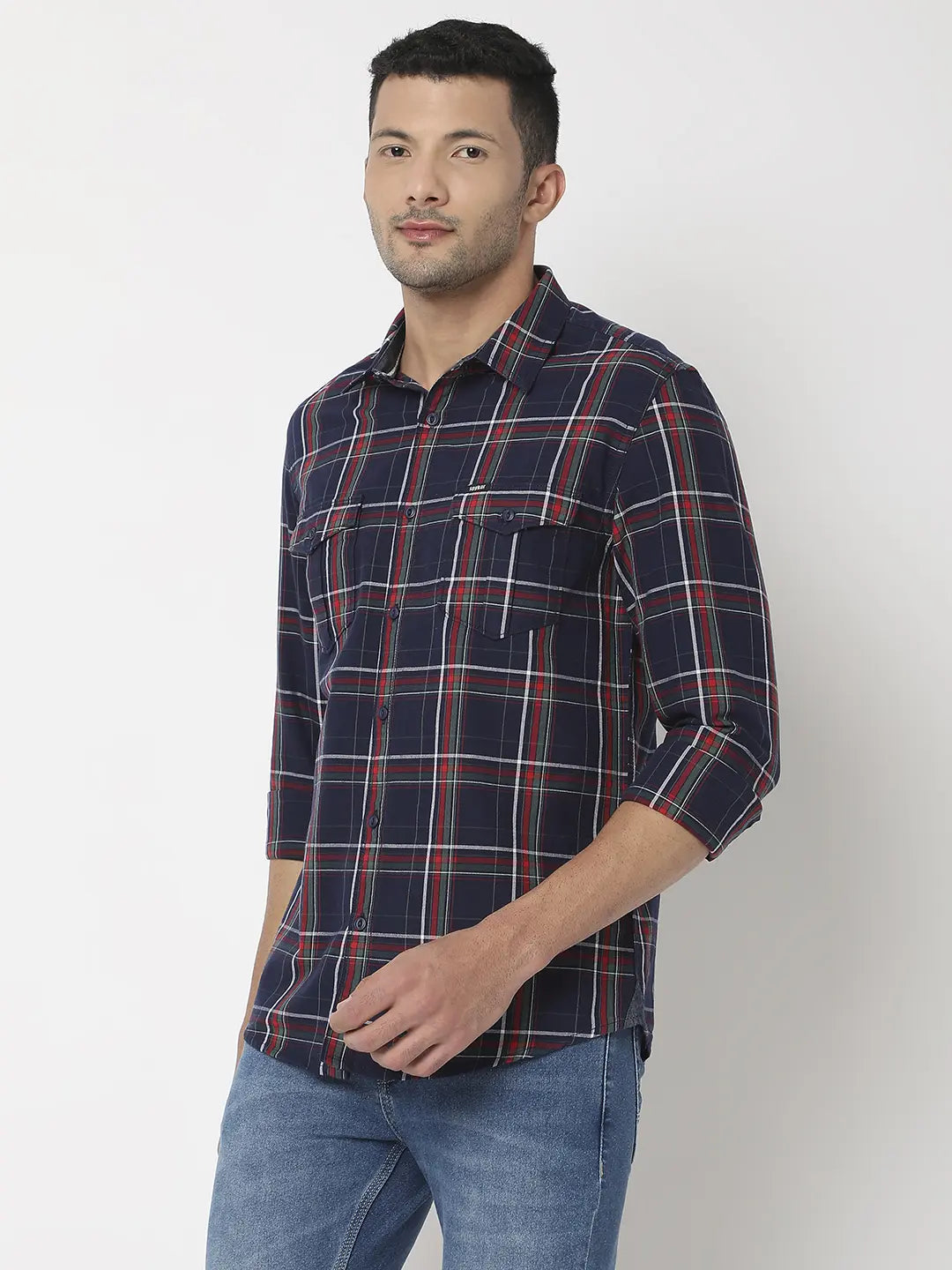 Spykar Men Navy Blue & Beige Cotton Slim Fit Checkered Shirt