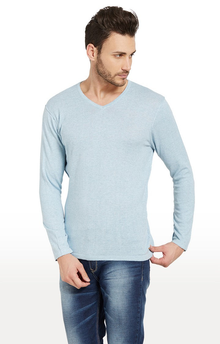 Spykar Sky Blue Melange Slim Fit Men T-Shirts