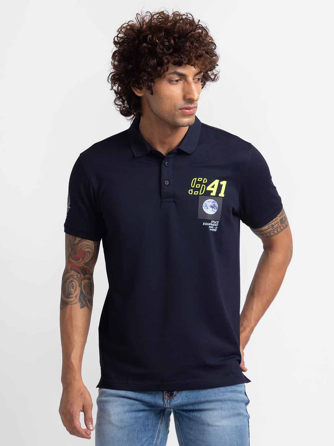 Spykar Navy Blue Cotton Half Sleeve Plain Polo T-Shirt For Men