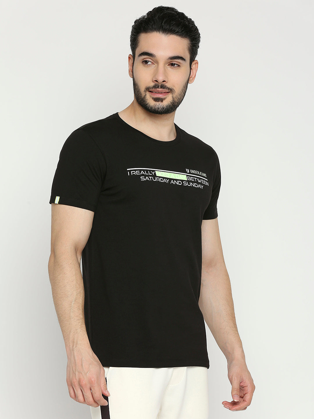 Men Premium Cotton Black Round Neck Tshirt- Underjeans By Spykar