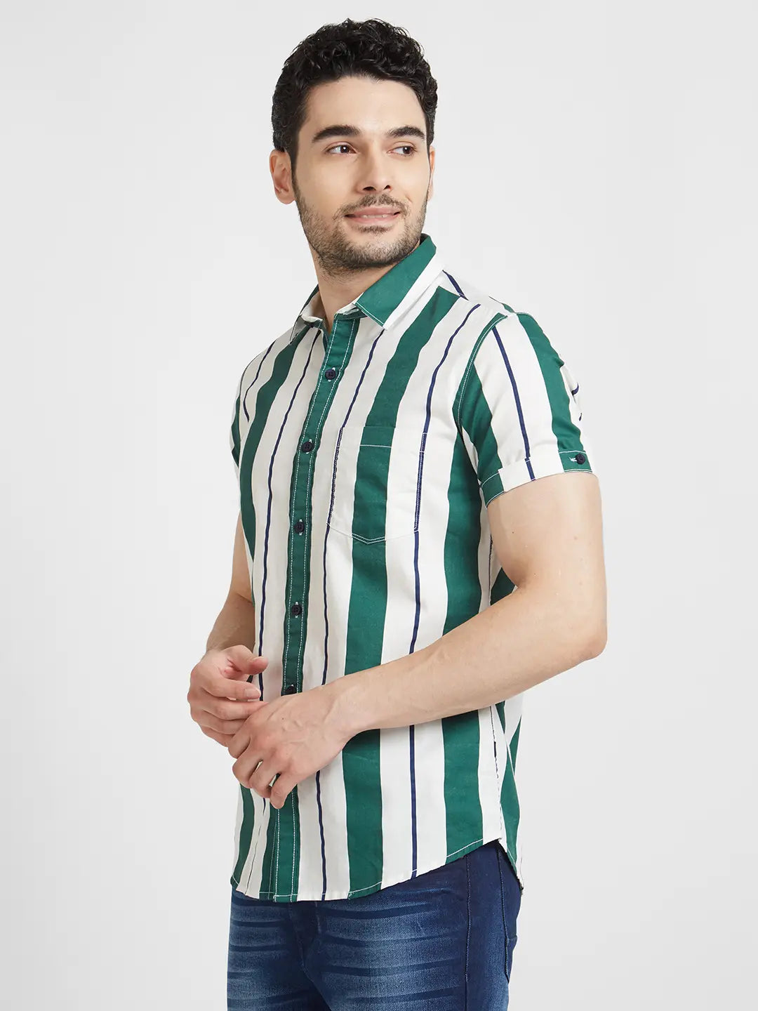 Spykar Men Dark Green Cotton Regular Slim Fit Half Sleeve Striped Shirt