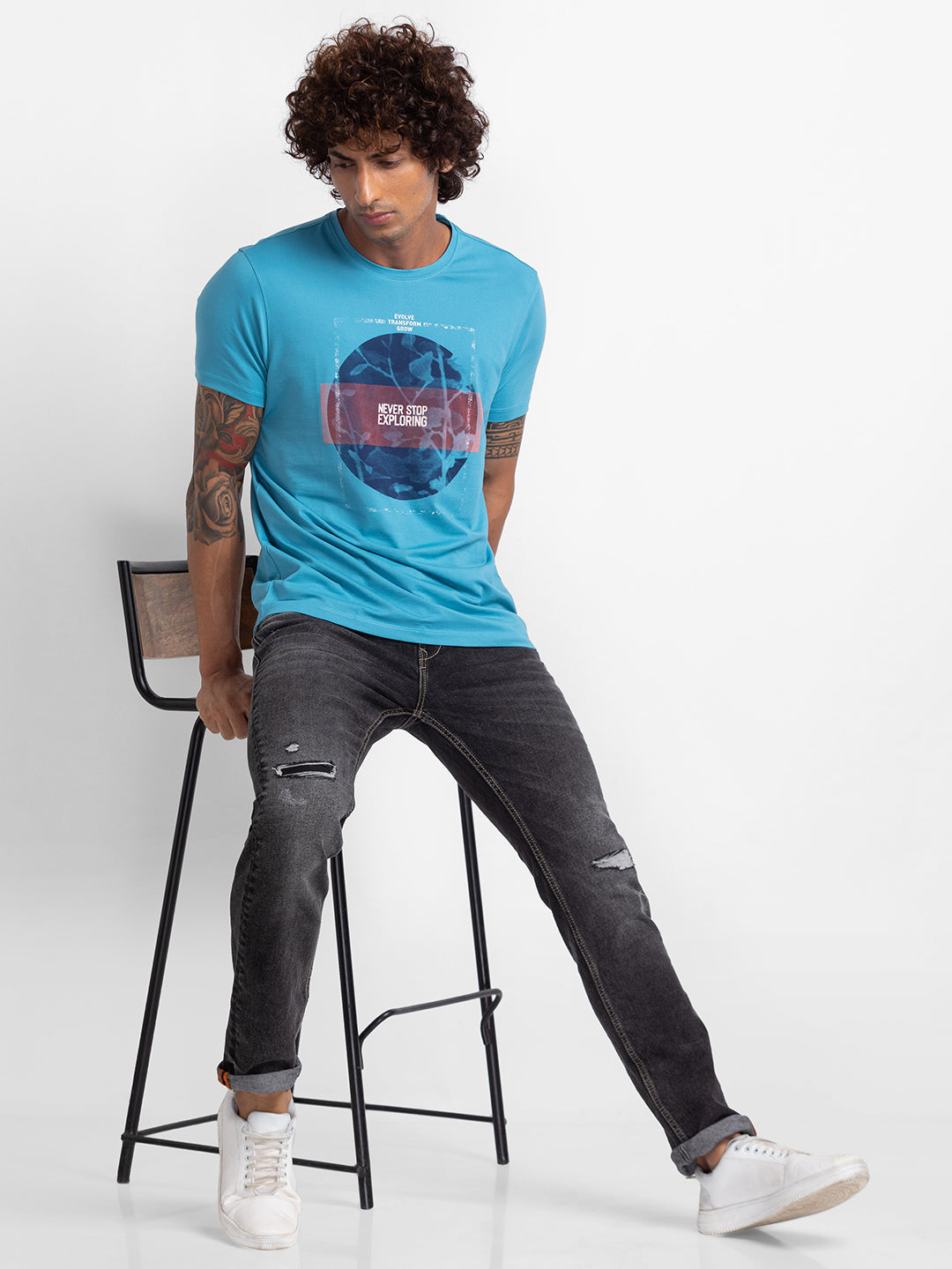 Spykar Haze Blue Cotton Half Sleeve Printed Casual T-Shirt For Men