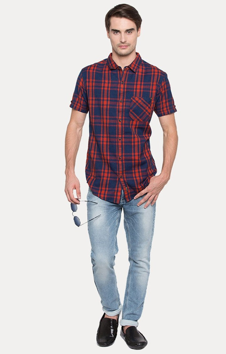 Spykar Men'S Blue Cotton Checked Casual Shirts