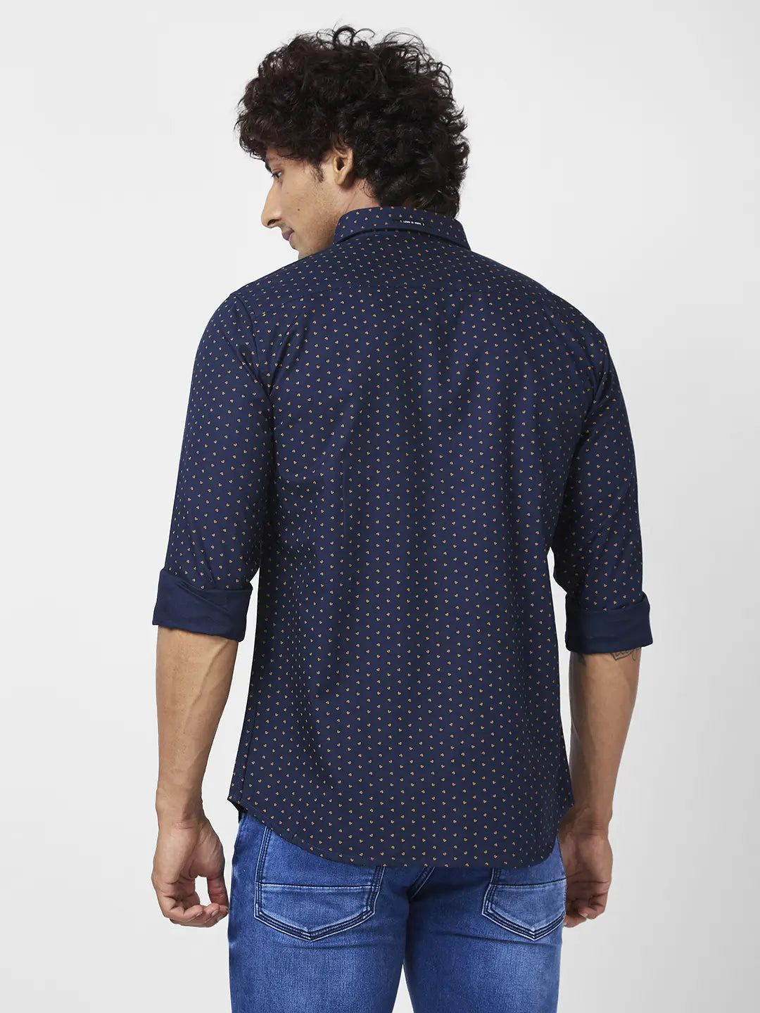 Spykar Men Midnight Blue Cotton Regular Slim Fit Full Sleeve Causal Printed Shirt