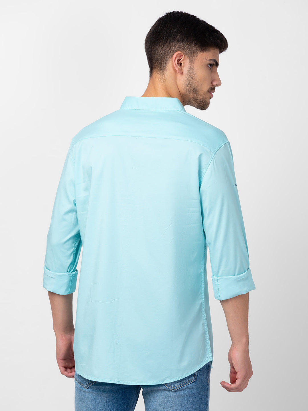 Spykar Men Bleached Aqua Cotton Slim Fit Plain Shirt