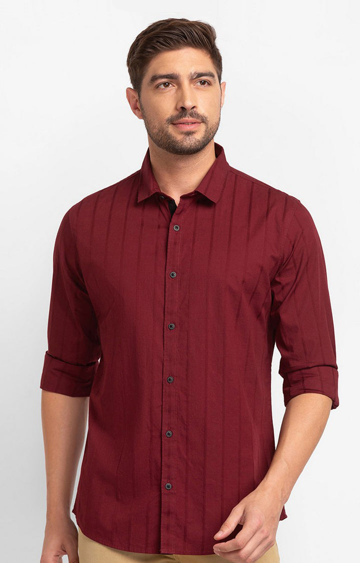 Spykar Maroon Cotton Full Sleeve Plain Shirt For Men