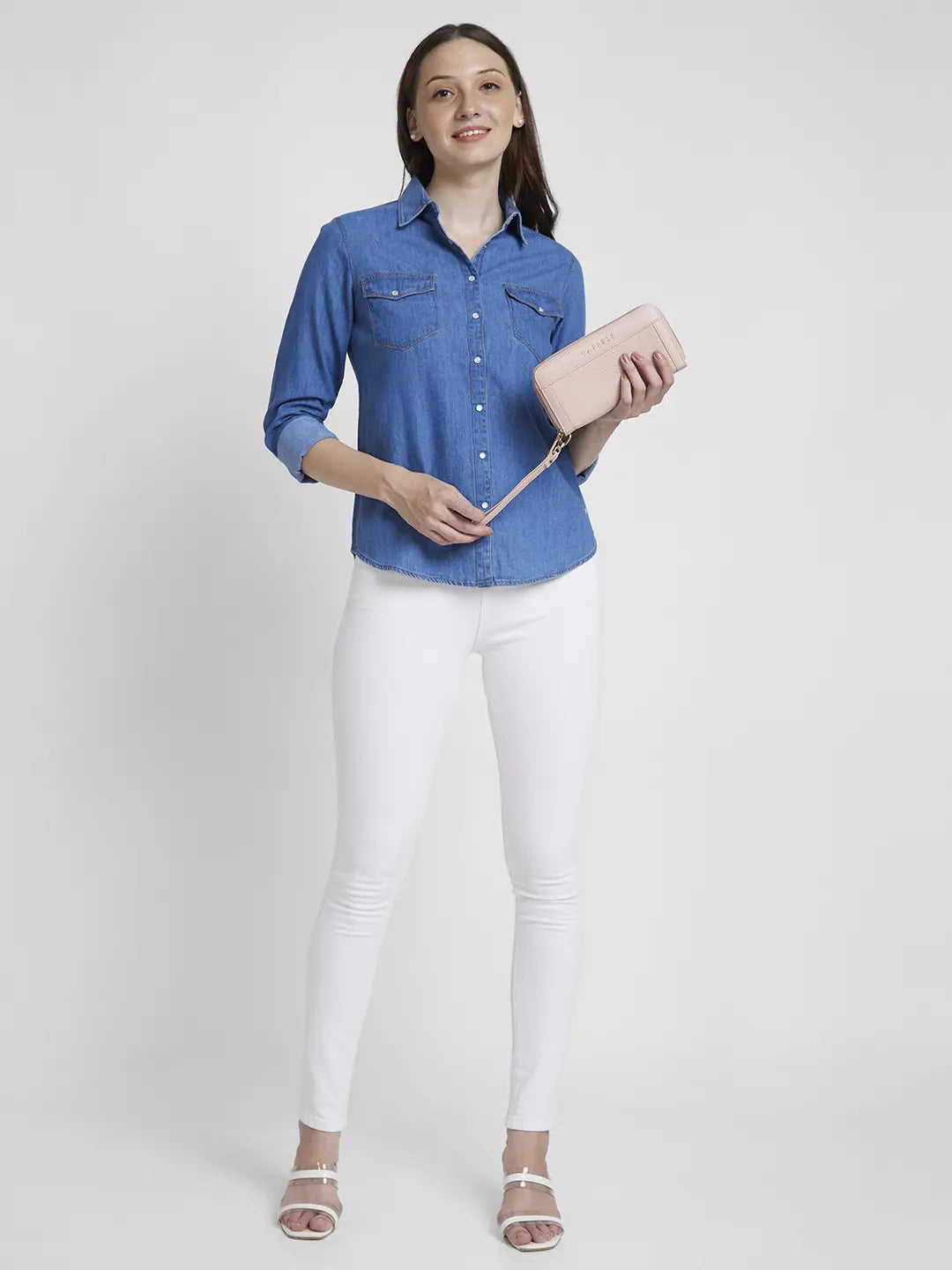 Spykar Ice Blue Cotton Full Sleeve Plain Shirt For Women