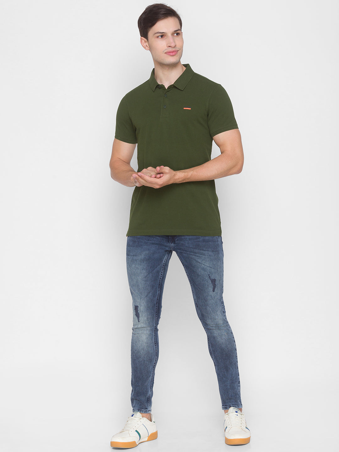 Spykar Men Green Cotton Slim Fit Round Neck Polo T-Shirt