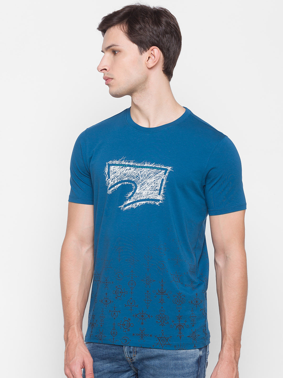 Spykar Blue Cotton Men T-Shirt