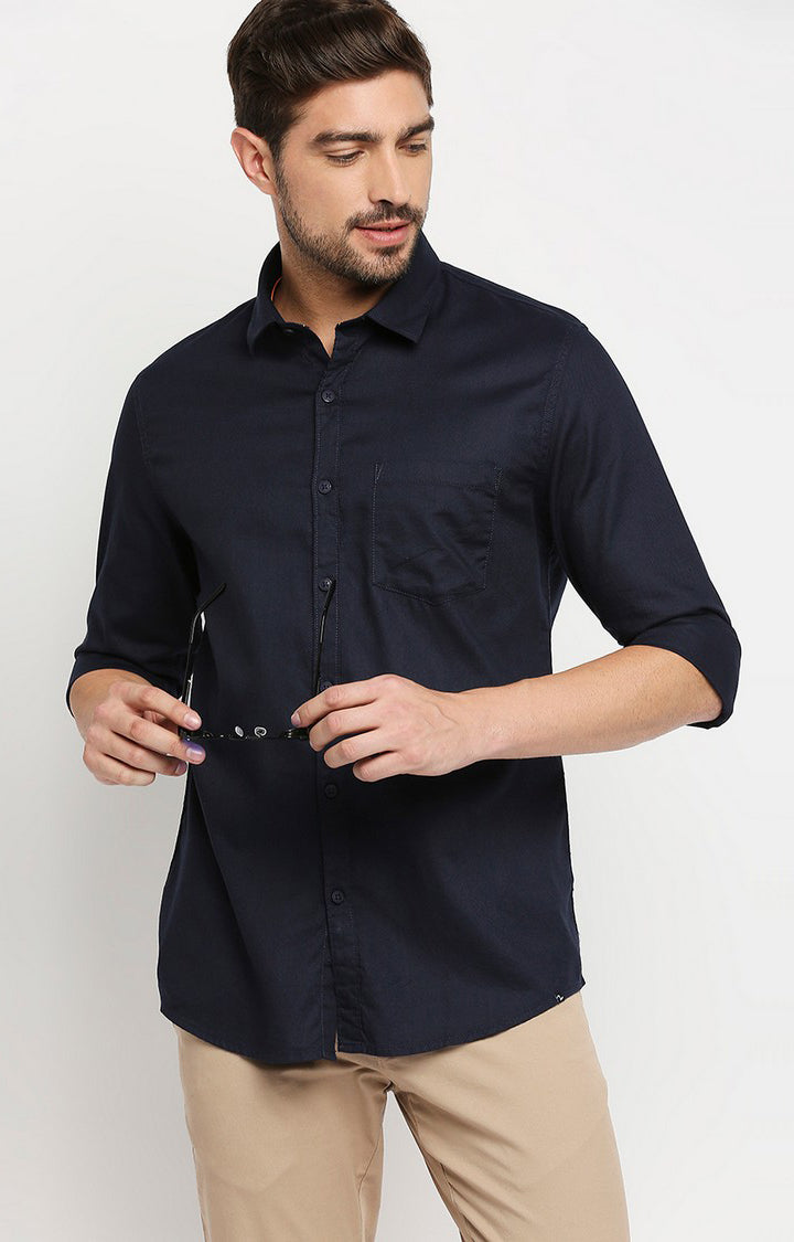 Spykar Men Navy Blue Cotton Regular Fit Full Sleeve Casual Shirt