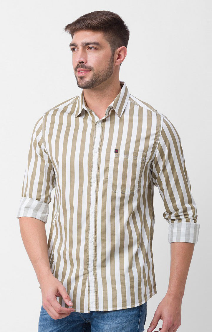 Spykar Khaki Cotton Full Sleeve Stripes Shirt For Men