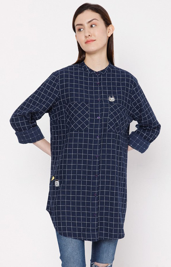 Spykar Women Navy Blue Cotton Regular Fit Checkered Shirt