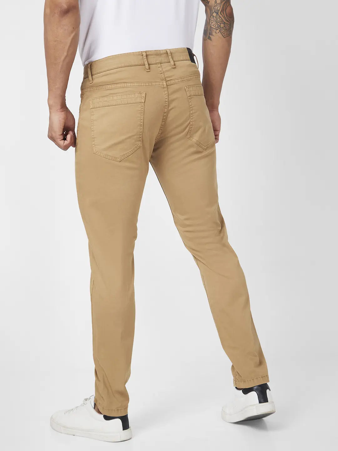 Spykar Men Camel Khaki Cotton Slim Fit Ankle Length Mid Rise Trousers