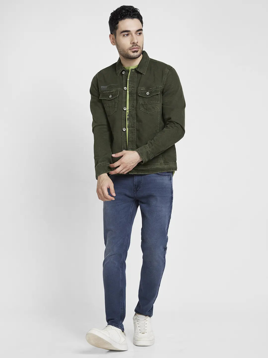 Spykar Men Dark Olive Cotton Regular Fit Denim Jacket