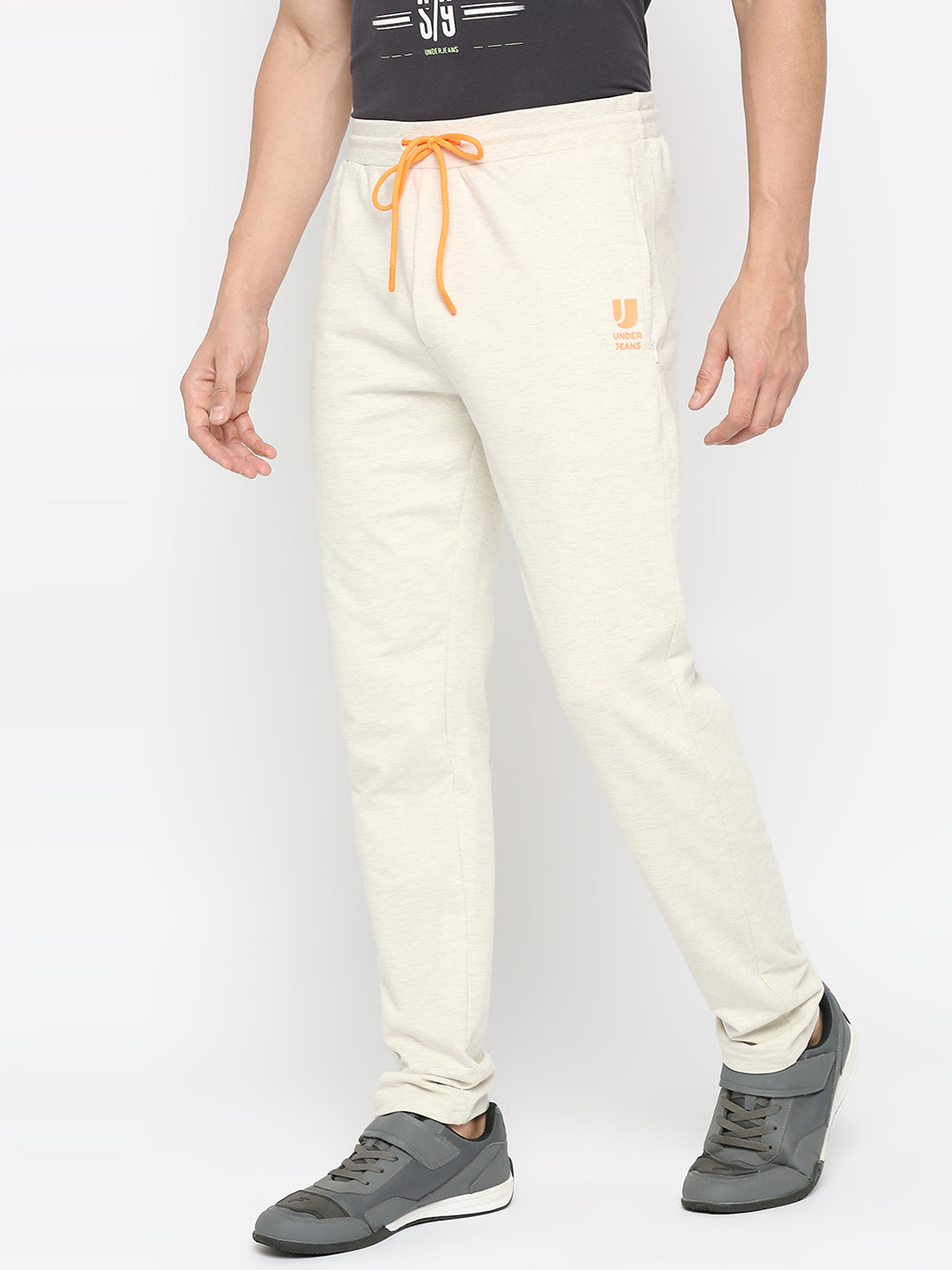 Men Premium Cotton Blend Ecrumelange Trackpant- Underjeans By Spykar