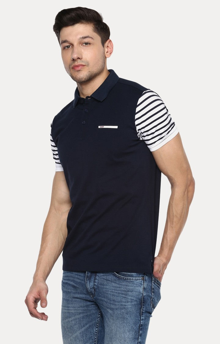 Spykar Navy Blue Solid Slim Fit Polo T-Shirt