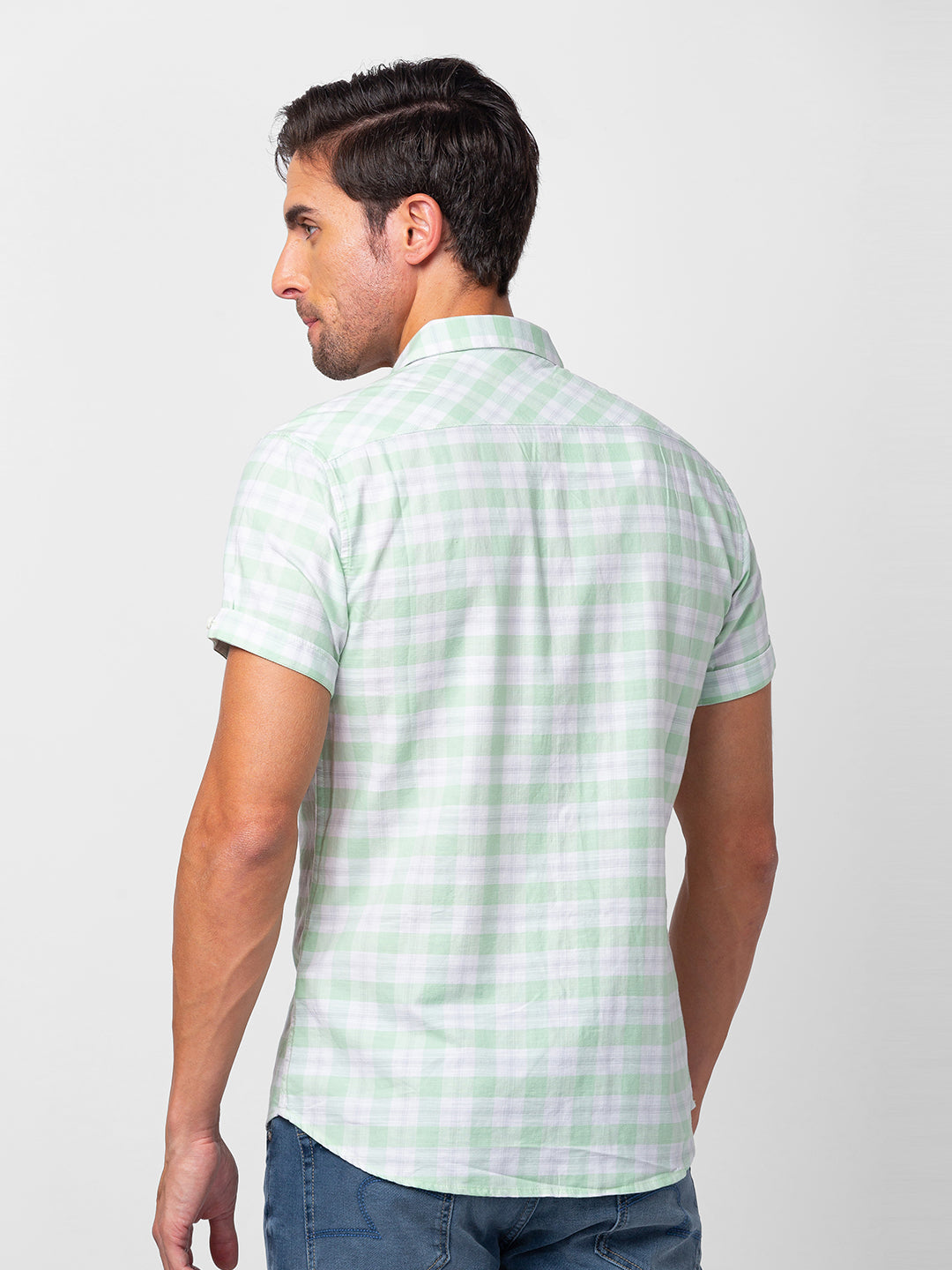 Spykar Men Mint Green Cotton Slim Fit Checkered Shirt