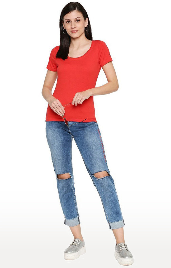 Spykar Women Cotton Red T-Shirt