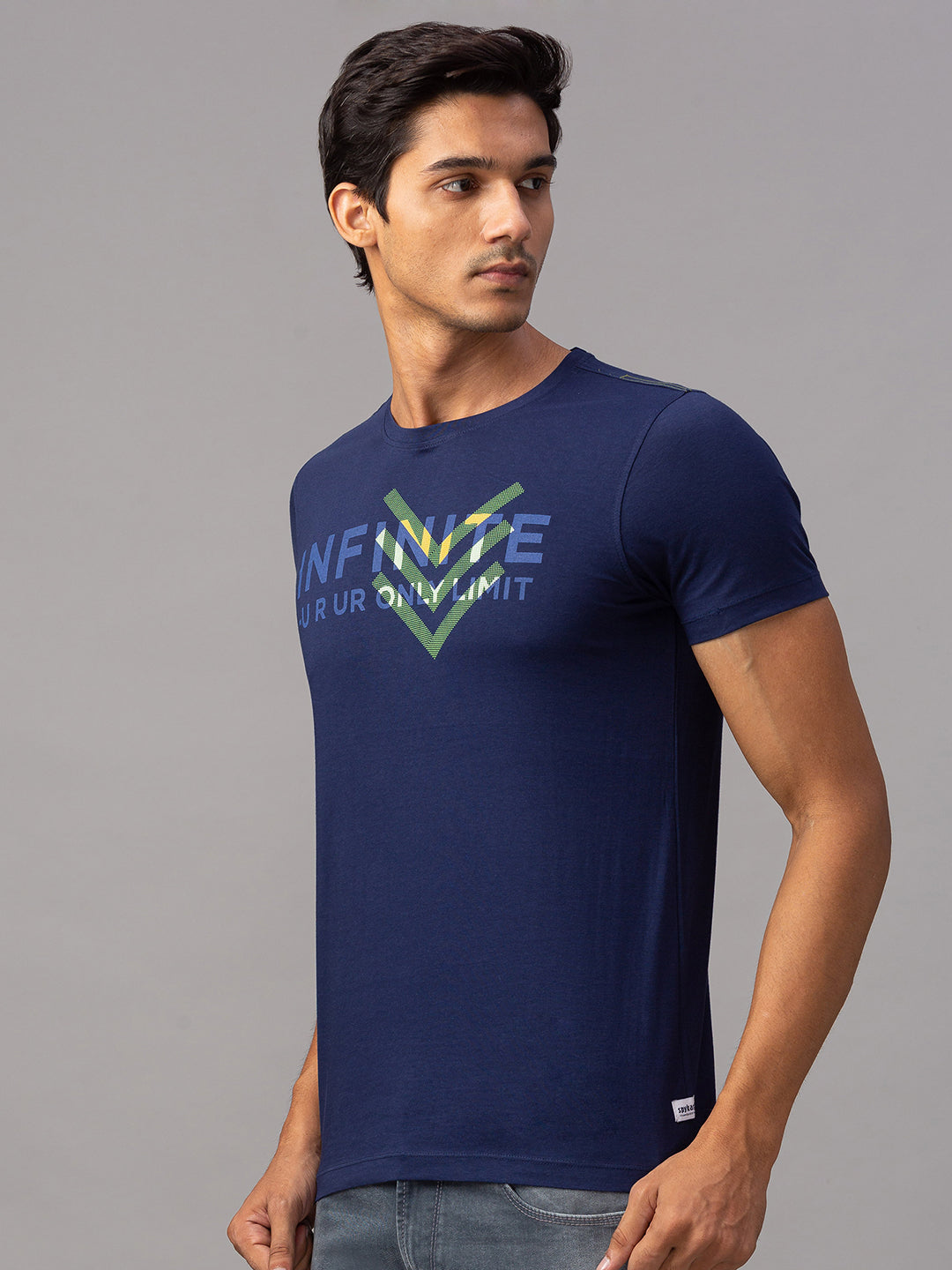 Spykar Men Blue Cotton Slim Fit Round Neck T-Shirt