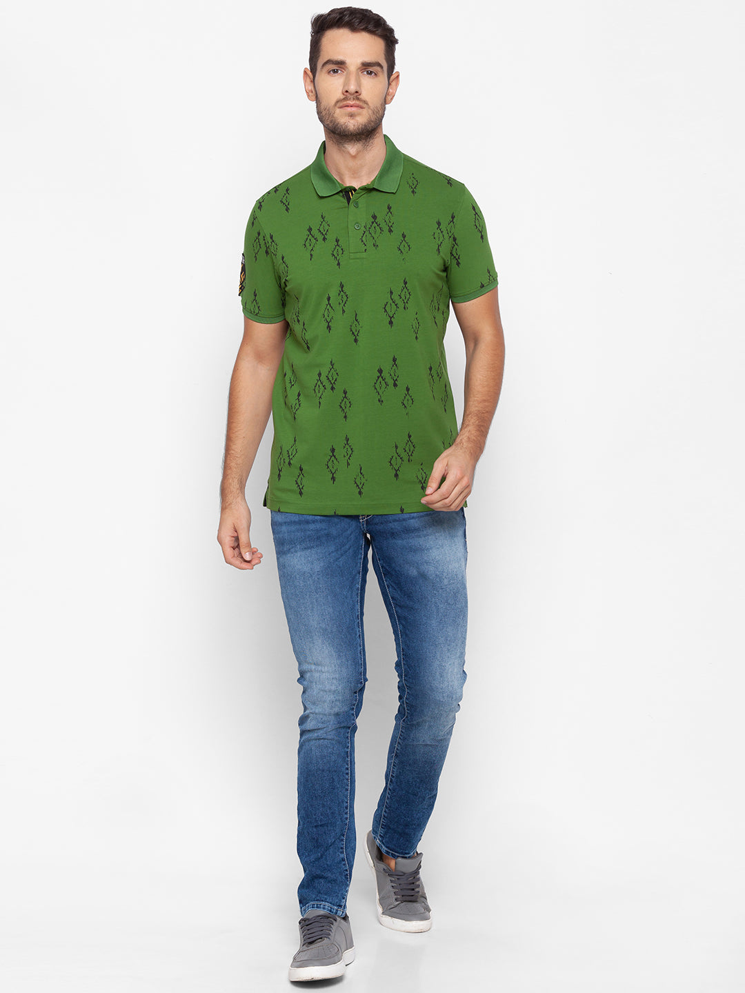 Spykar Men Green Cotton Slim Fit Polo T-Shirt