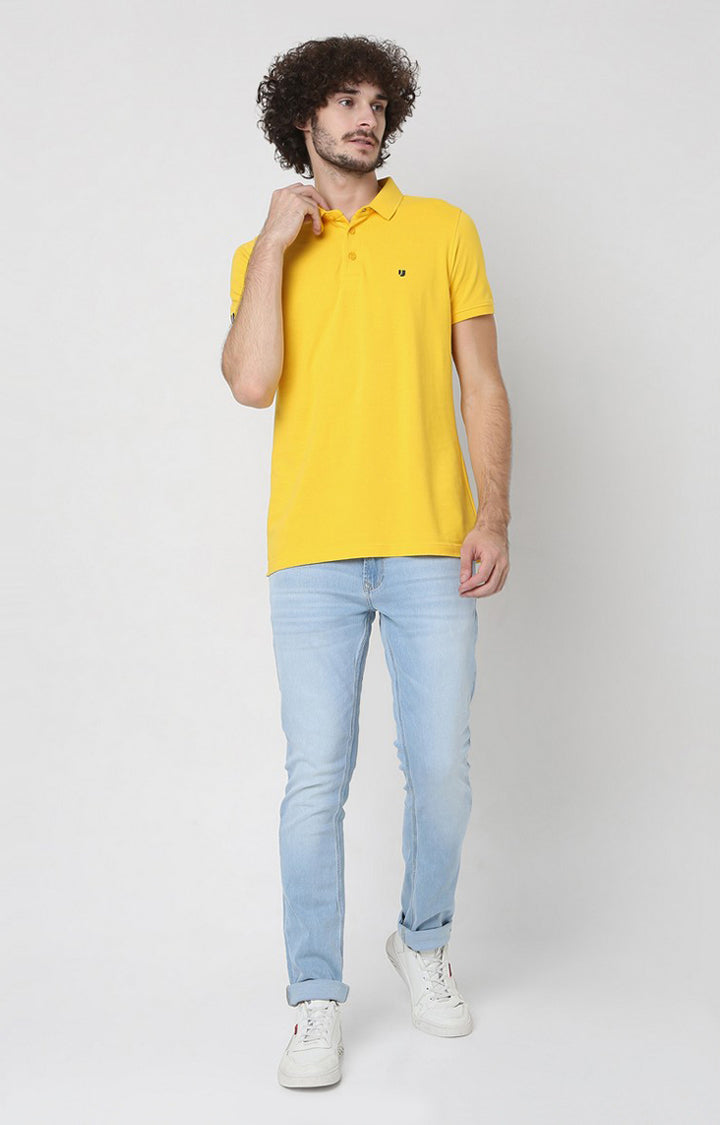 Men Premium Blue Cotton Regular Fit Polo T-Shirt - Underjeans By Spykar