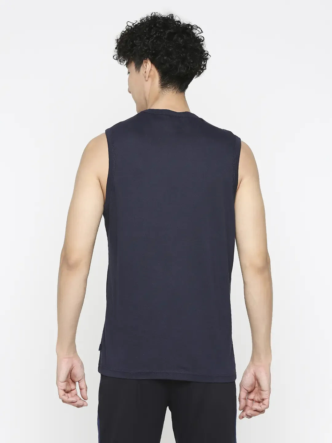 Spykar Men Navy Blue Cotton Slim Fit Sleeveless Printed Tshirt