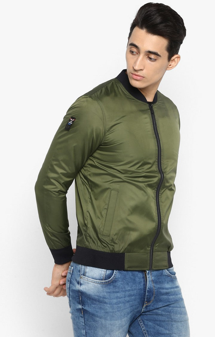 Spykar Men Olive Solid Comfort Fit Bomber Jacket