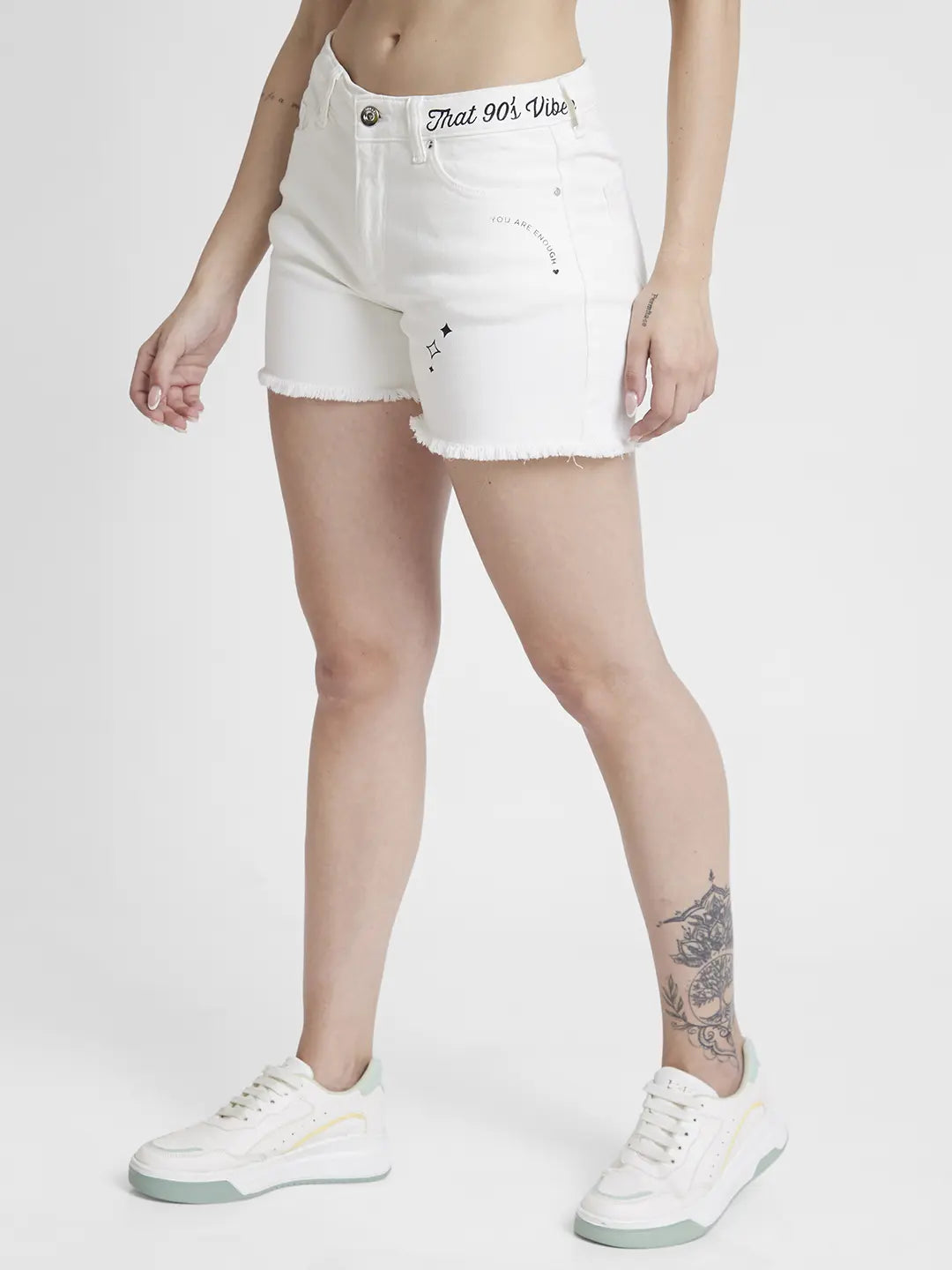 Spykar Women White Cottom Slim Fit Above Knee Length Denim Shorts