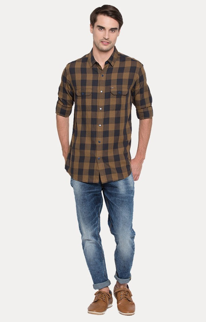 Spykar Men'S Brown Cotton Checked Casual Shirts