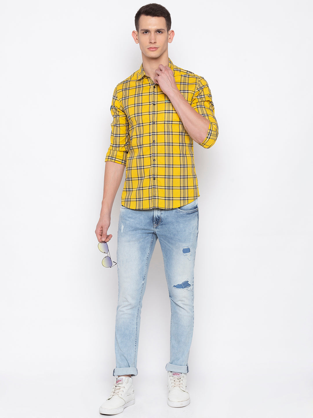 Spykar Men Yellow Checked Slim Fit Casual Shirt