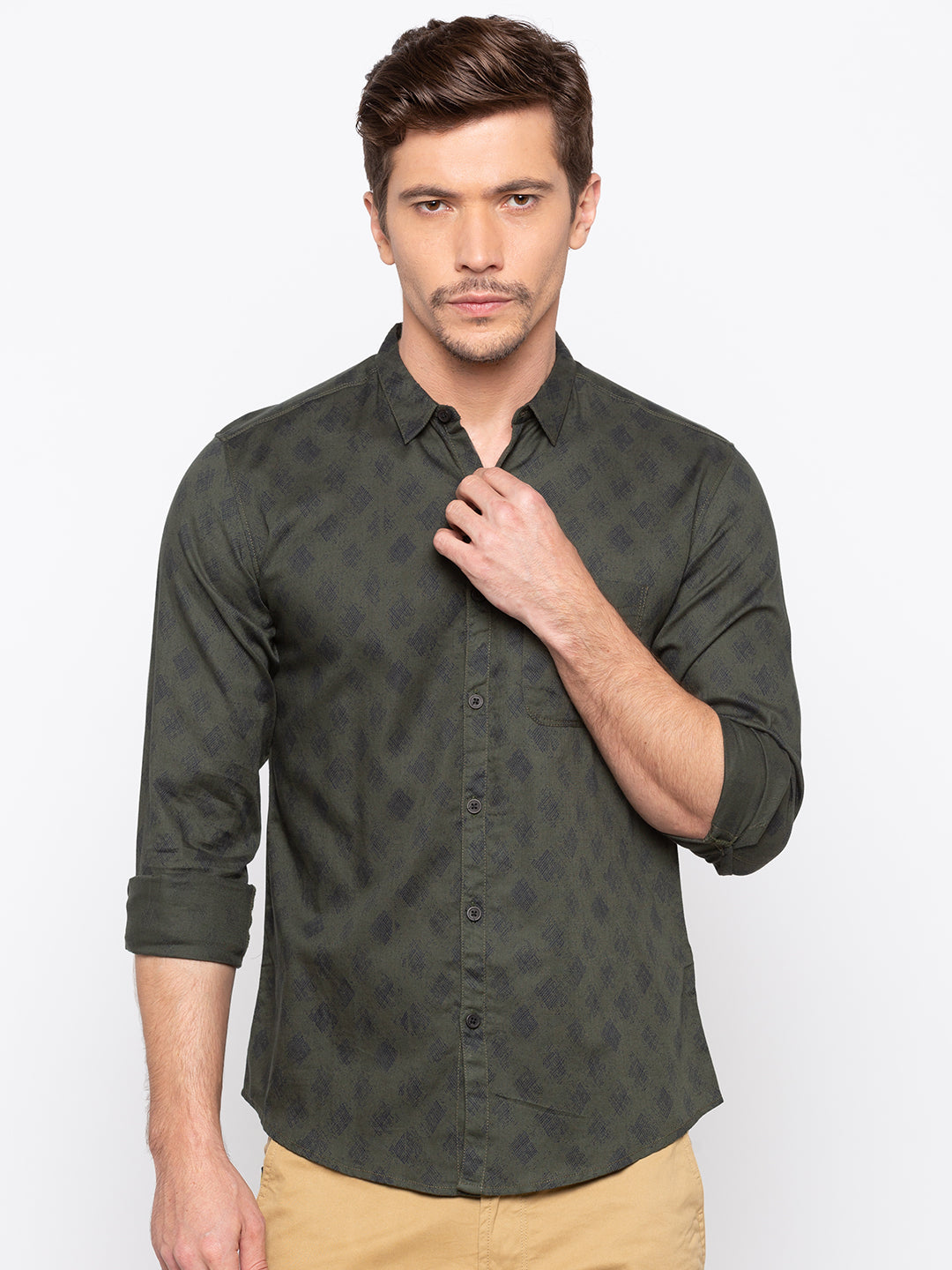 Spykar Men Olive Printed Slim Fit Casual Shirt