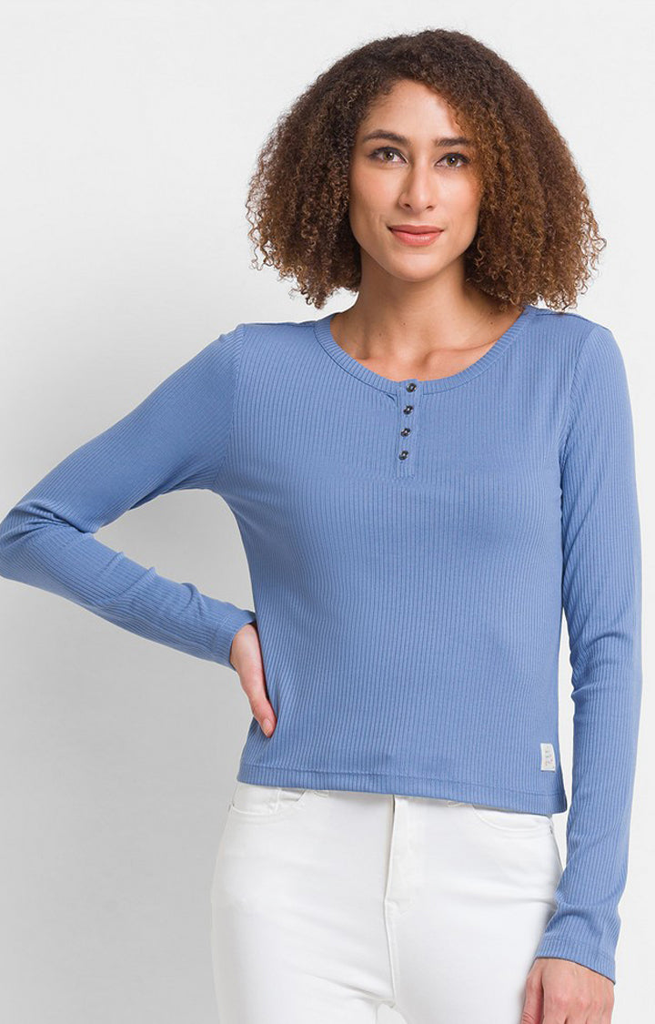 Spykar Infinity Blue Cotton Blend Full Sleeve Plain Casual T-Shirt For Women
