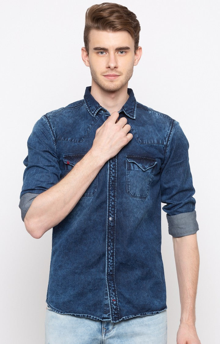 Spykar Men'S Blue Cotton Solid Casual Shirts