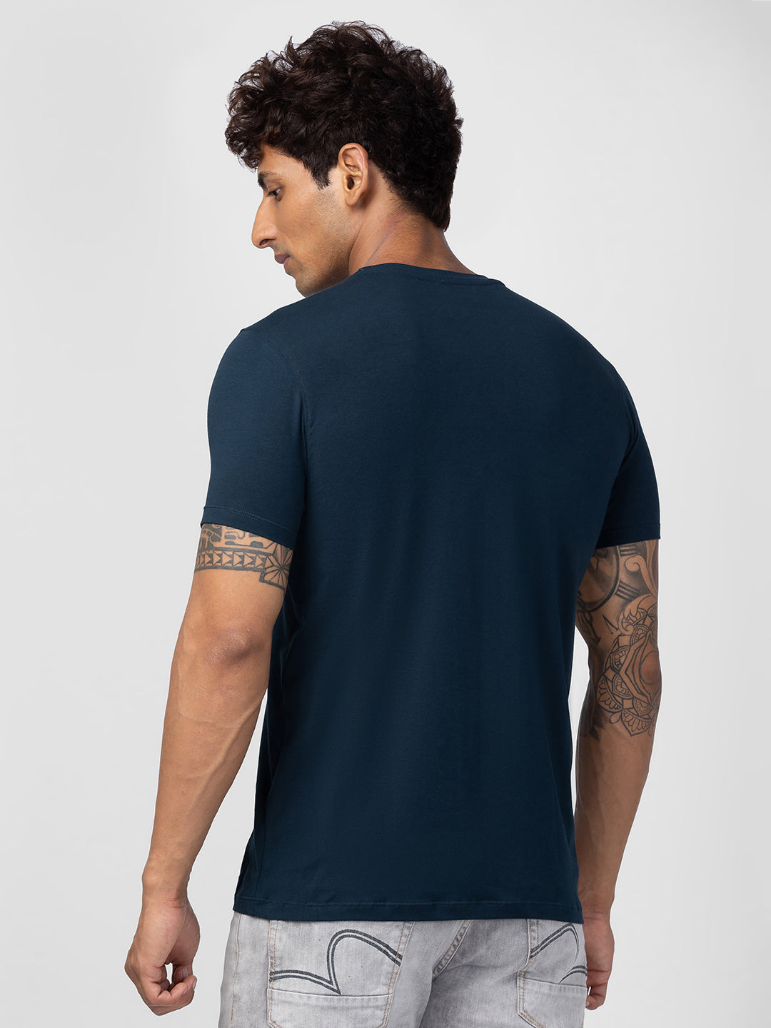 Spykar Men Teal Blue Cotton Regular Fit Half Sleeve Printed T-Shirt