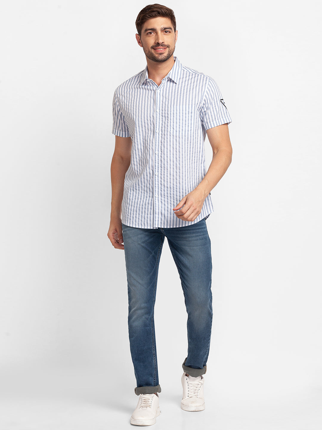 Spykar Silver Grey Cotton Half Sleeve Stripes Shirt For Men