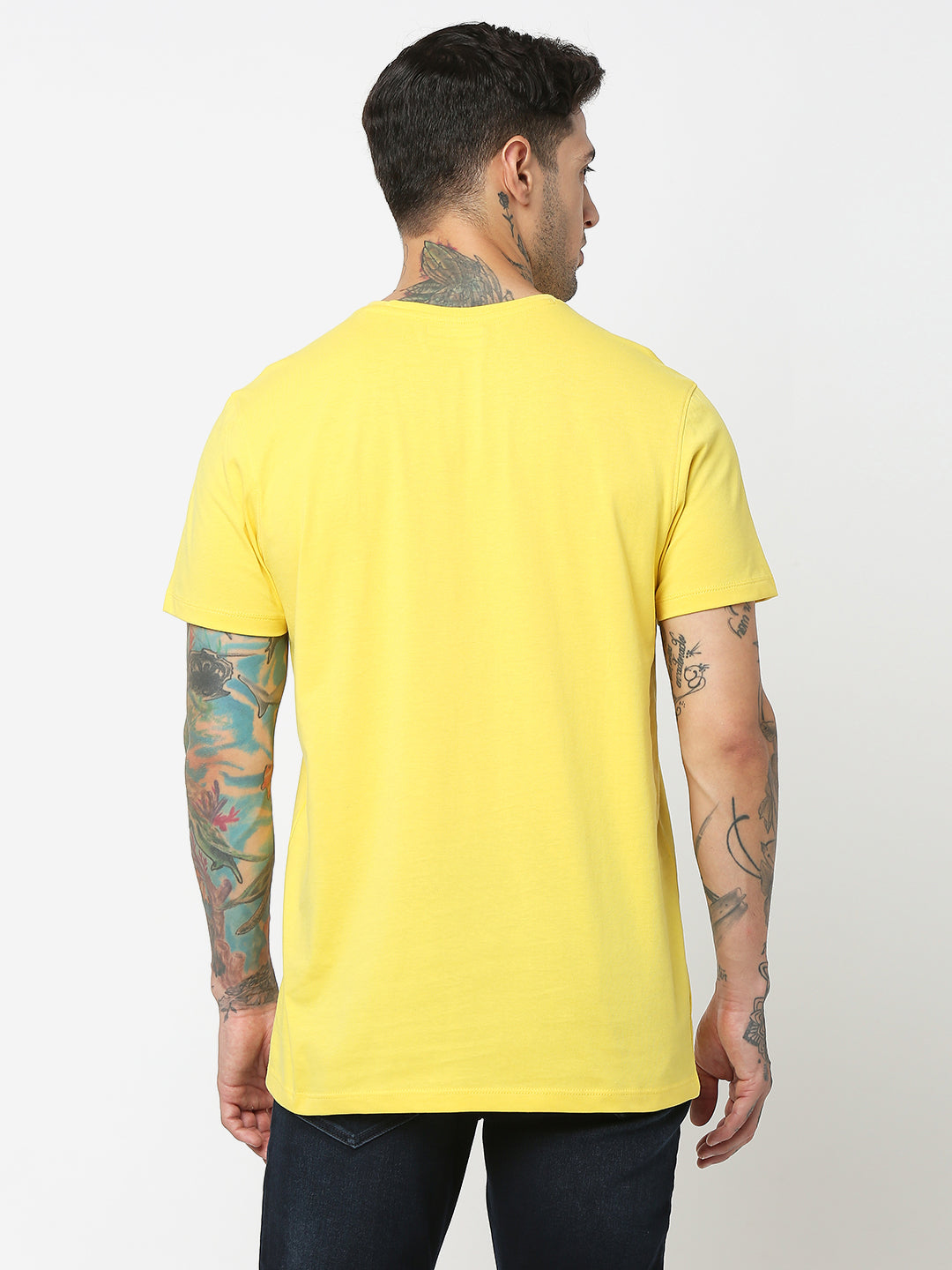 Spykar Men Yellow Cotton Slim Fit Round Neck Printed T-Shirt