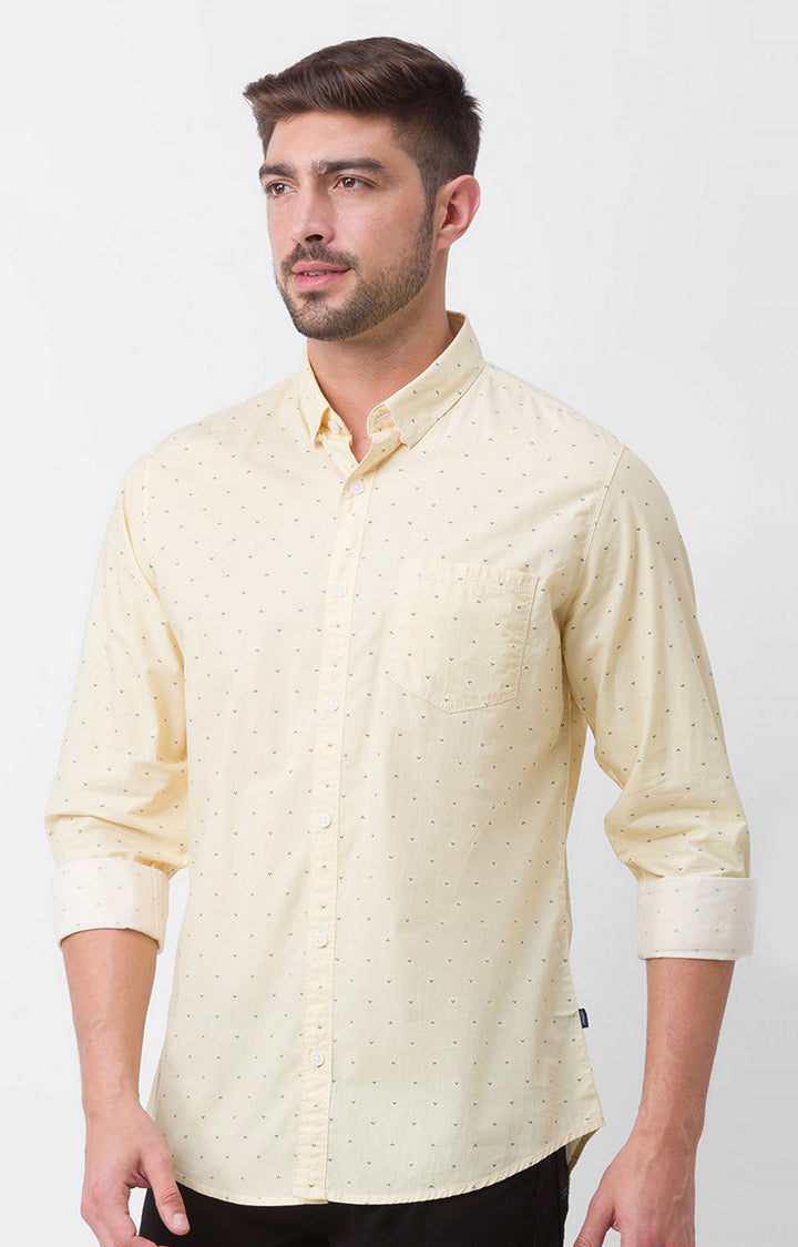 Spykar Butter Yellow Cotton Full Sleeve Printed Shirt For Men