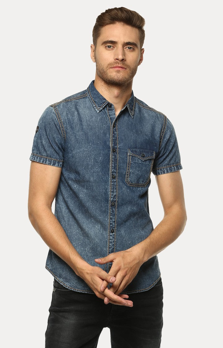 Spykar Men'S Blue Cotton Solid Casual Shirts