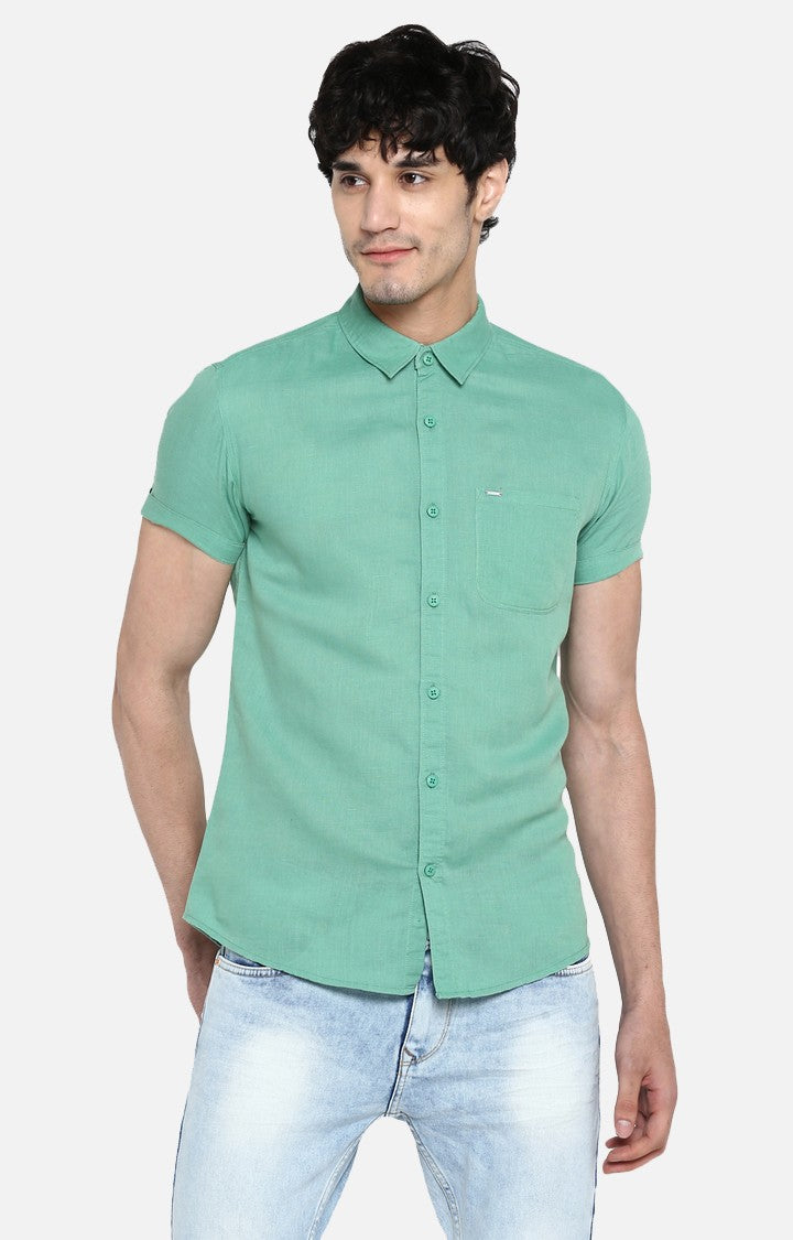 Spykar Men'S Green Linen Solid Casual Shirts